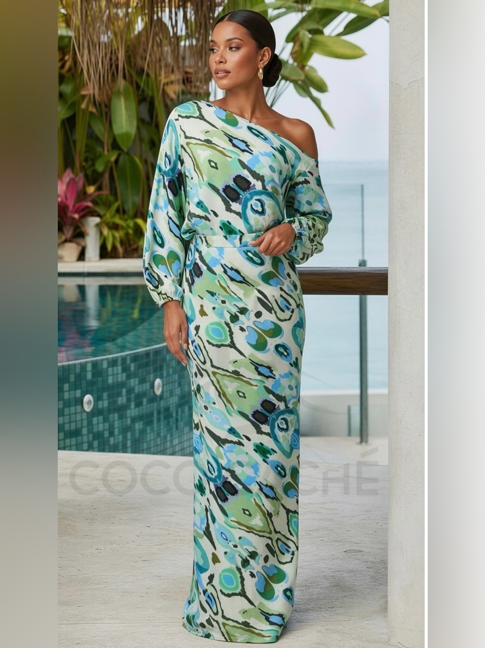 Two Piece Set Green Hydrangea Elegant Bohemian Off Shoulder Skirt & Top.
